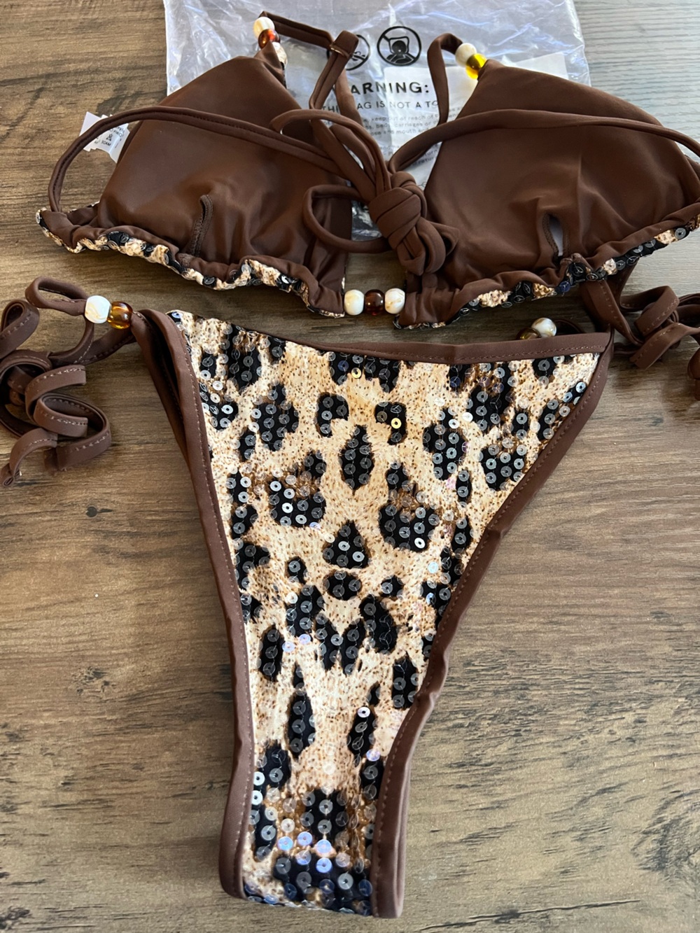 Sexy Brown Leopard Print Bead Accents Tie Side Bikini Set - Picture 3 of 11
